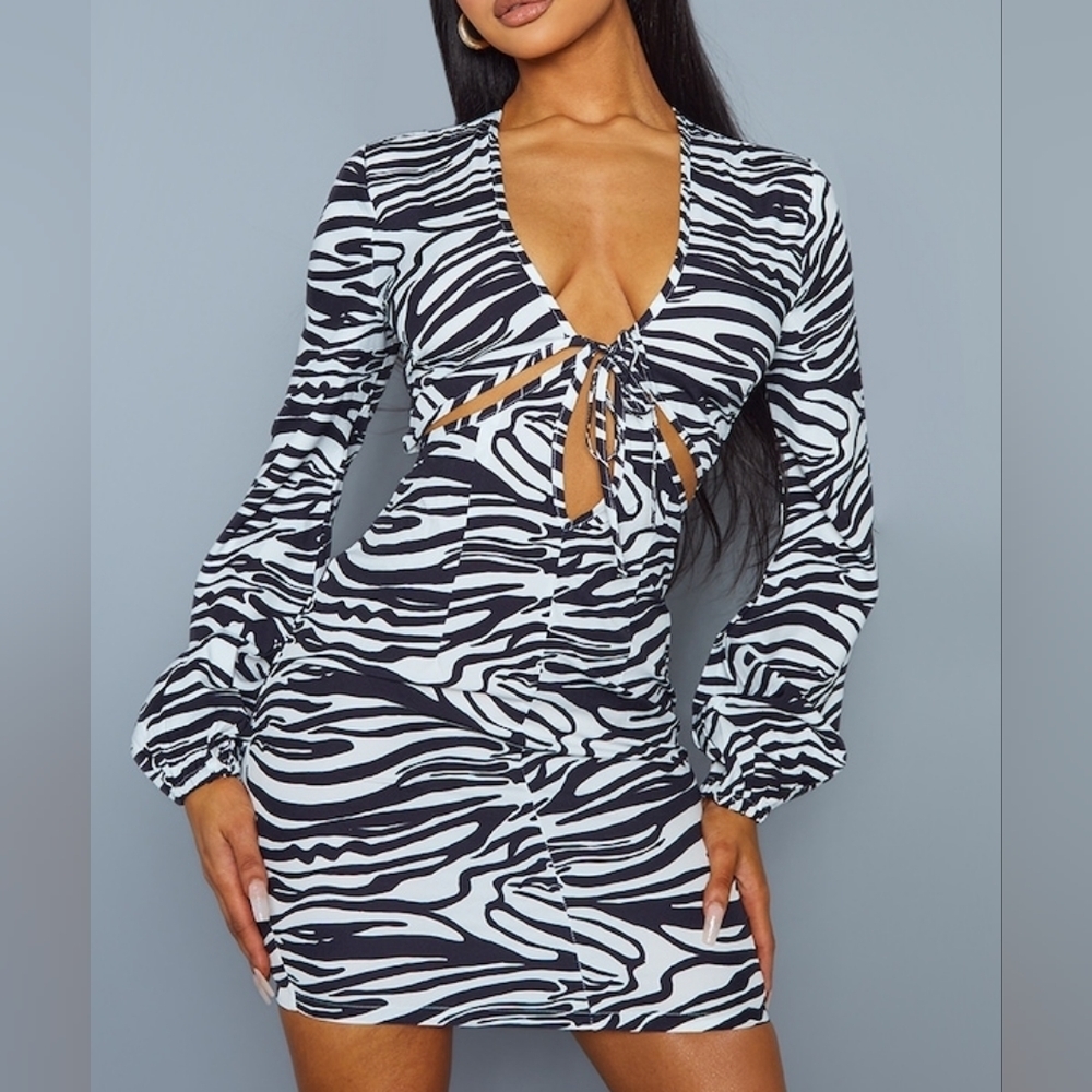 Pretty Little Thing Monochrome Zebra Print Tie Bust Cut Out Bodycon Dress